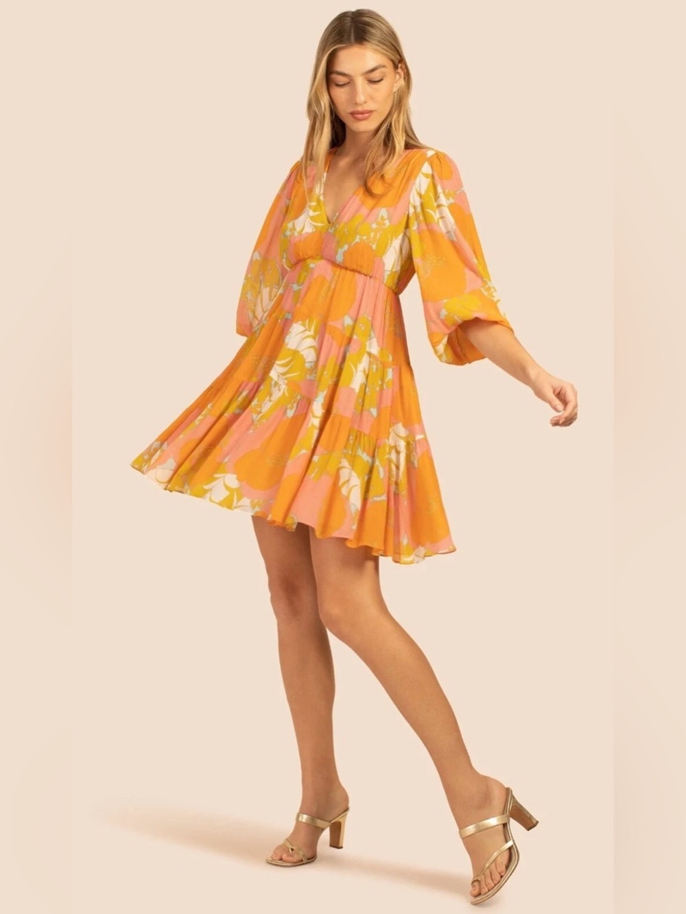 Trina Turk Long-Sleeve Floral V-Neck Dress in Orange, Pink and White